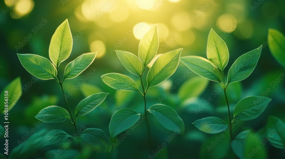 Nature-inspired background with soft focus green leaves and gentle sunlight Nature-inspired background with soft focus green leaves and gentle sunlight