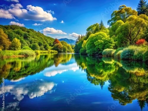 Vibrant Nature Landscape with Lush Greenery, Clear Blue Sky, and Tranquil Water Reflection Scene