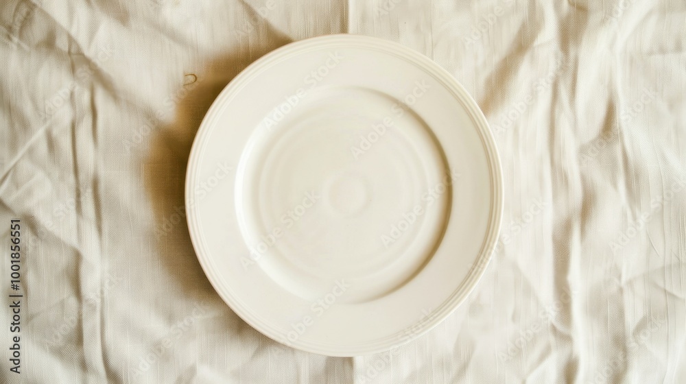 Plain White Plate on Textured Fabric Background Plain White Plate on Textured Fabric Background