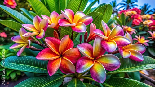 Vibrant Rainbow Frangipani Flowers Blooming in a Tropical Garden, Showcasing Nature's Beauty