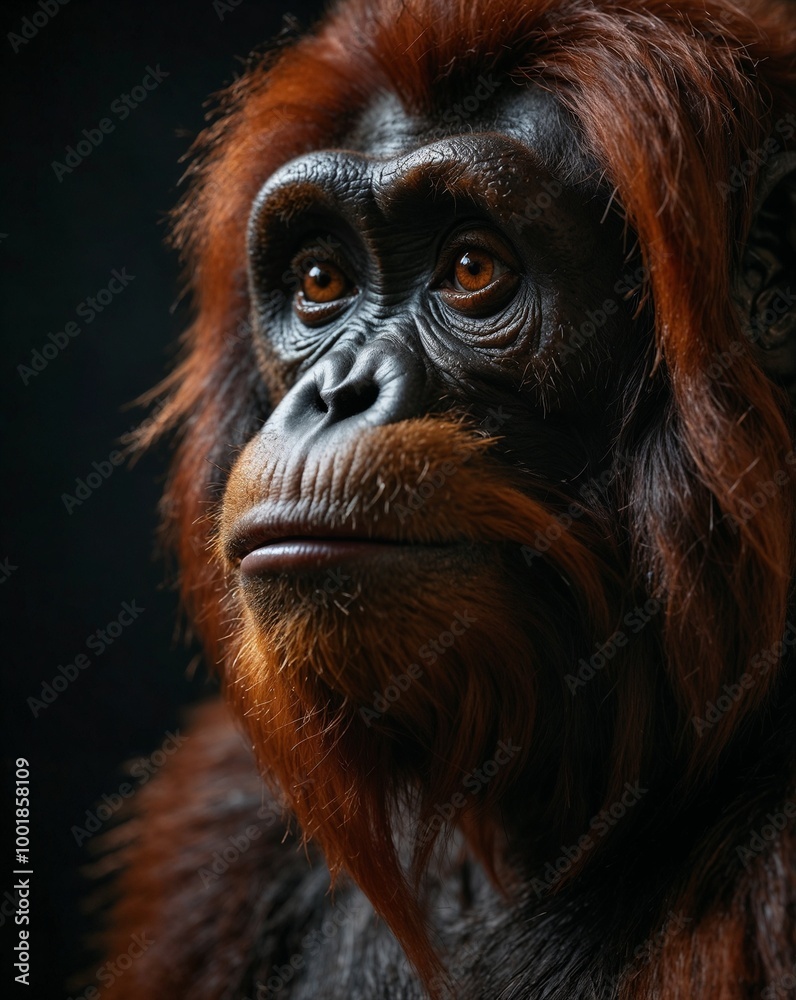 Fototapeta premium professional photo of orange fur orang utan close up a quarter side view in a dark room black background