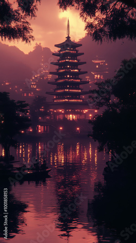 A pagoda illuminated at dusk with reflection in the water