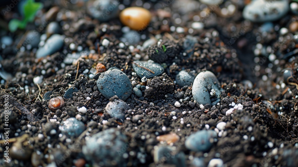 Soil with Pebbles and Fertilizer Granules Close-Up Soil with Pebbles and Fertilizer Granules Close-Up