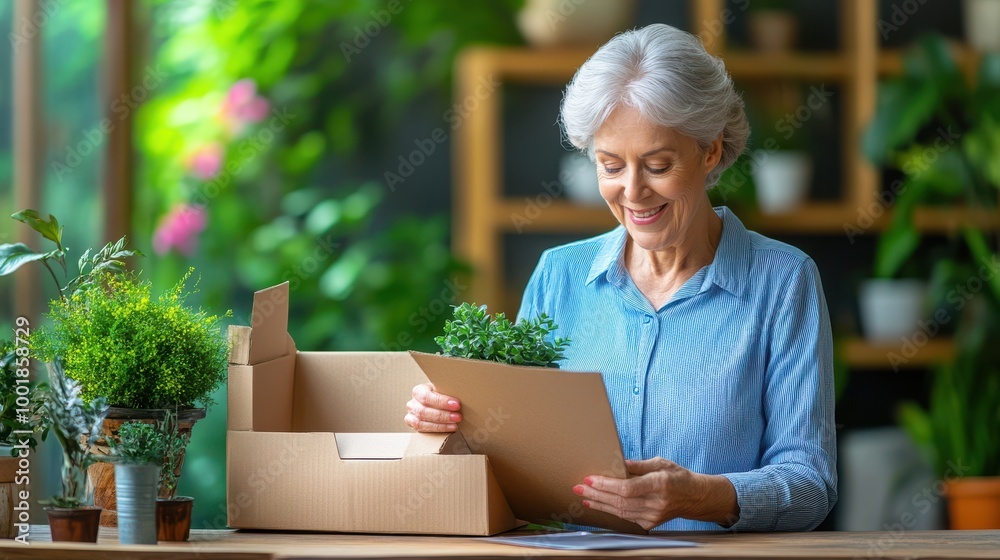 Senior Woman Opening a Cardboard Box with Plants Inside