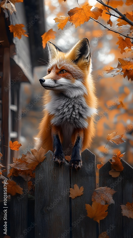 Naklejka premium Autumn Fox Perches on Rustic Wooden Fence Amid Swirling Orange Leaves