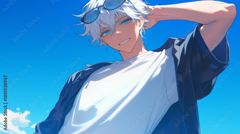 Fototapeta premium Handsome Anime Boy with White Hair and Blue Eyes, Smiling and Holding Sunglasses in a Cool Pose Against a Colorful Outdoor Background