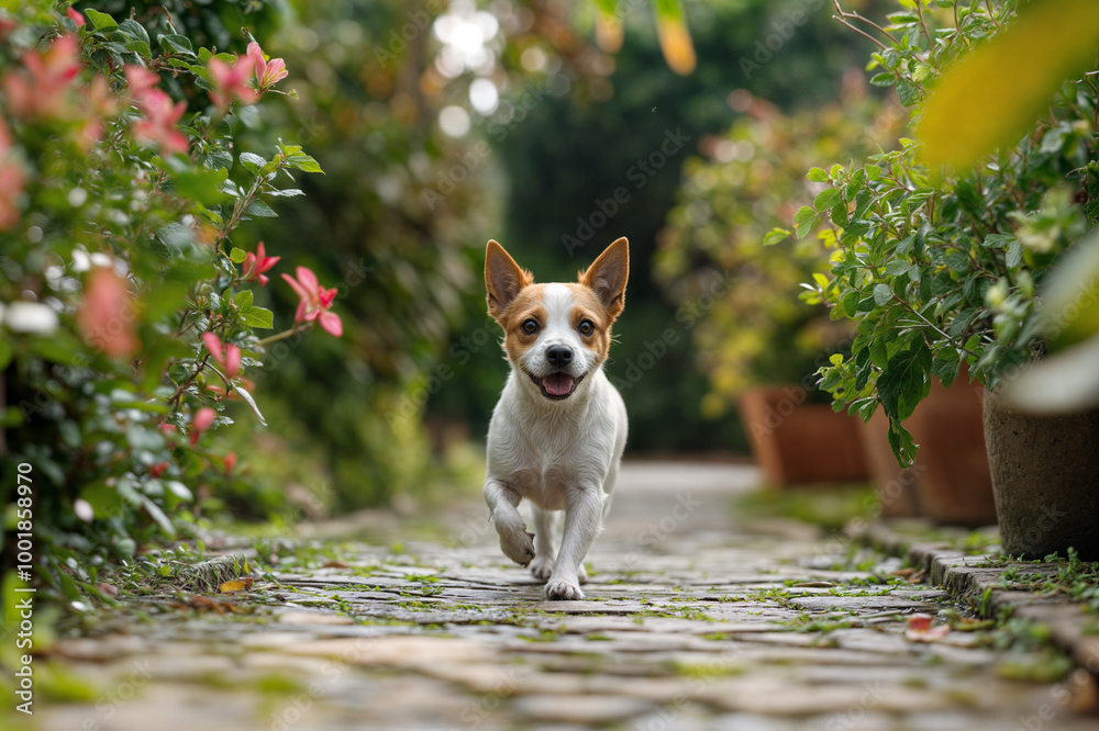Jack Russell Terrier puppy walking in the back yard, bright and colorful Jack Russell Terrier puppy walking in the back yard, bright and colorful