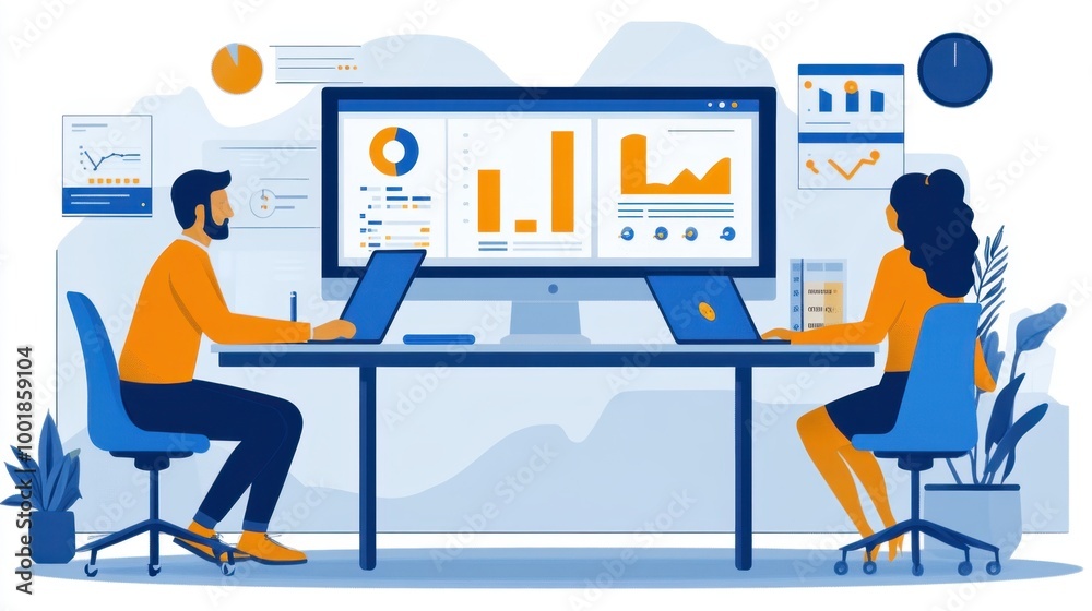Business team working together in a modern office environment with charts and graphs Business team working together in a modern office environment with charts and graphs