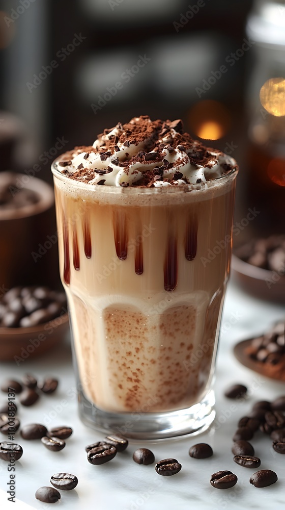 Artisanal Iced Mocha with Chocolate Drizzle and Coffee Beans on Marble Surface Artisanal Iced Mocha with Chocolate Drizzle and Coffee Beans on Marble Surface