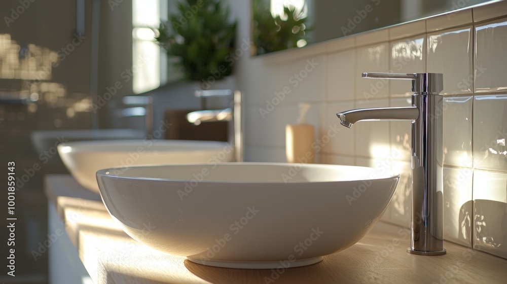 Modern bathroom sink with sunlight reflecting on the surface Modern bathroom sink with sunlight reflecting on the surface