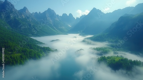 Misty Mountain Lake with Lush Green Forests