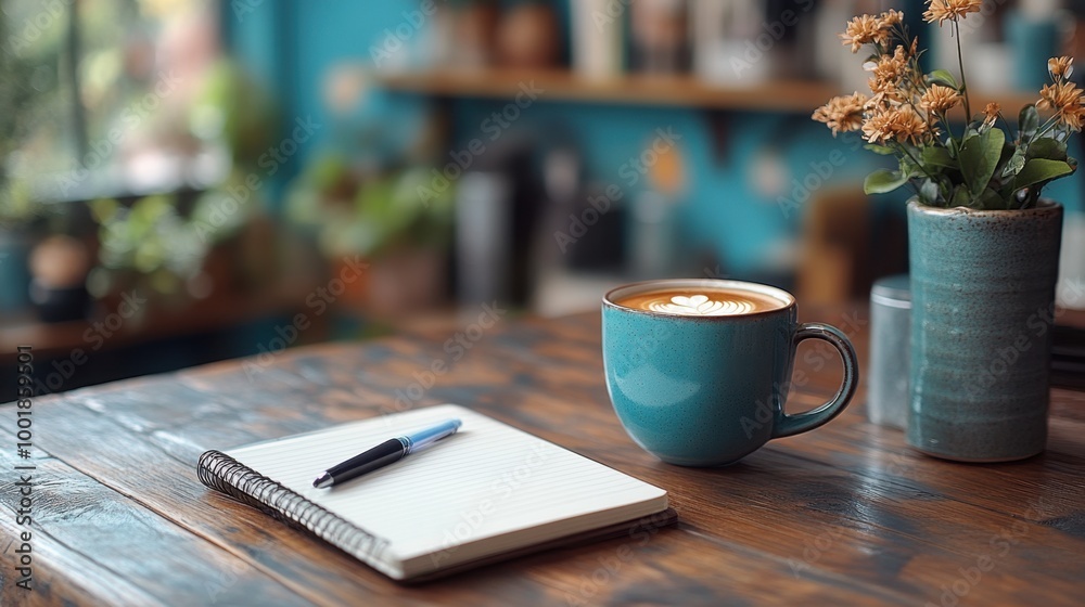 Close-up of a notebook, pen, and coffee cup on a wooden office desk Close-up of a notebook, pen, and coffee cup on a wooden office desk