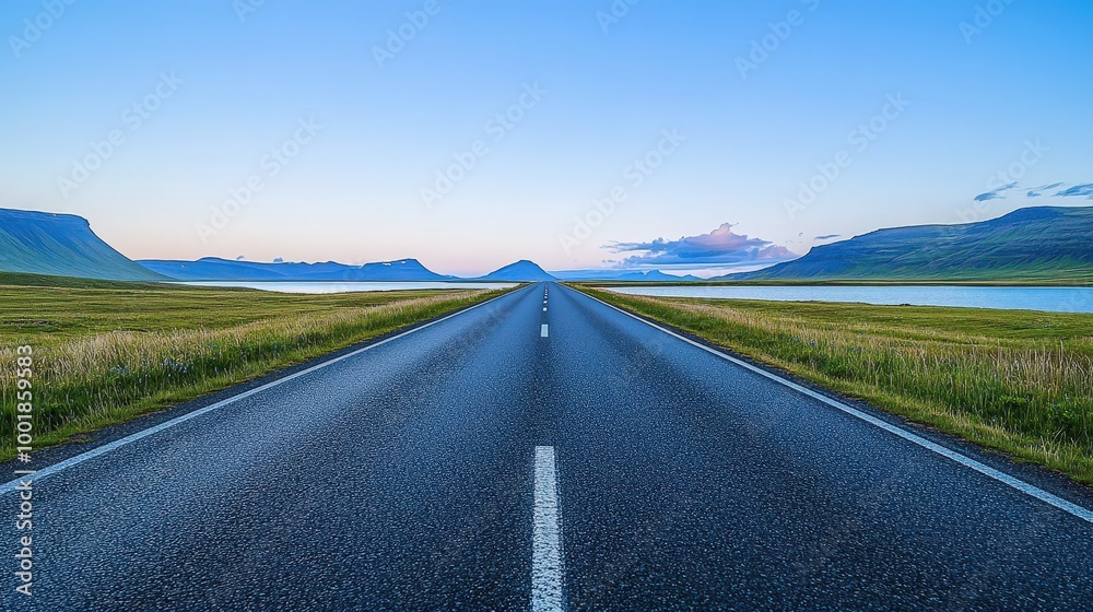 Naklejka premium Serene Icelandic Landscape: Empty Road by Breathtaking Lake with Vibrant Colors and Ultra-Realistic Details