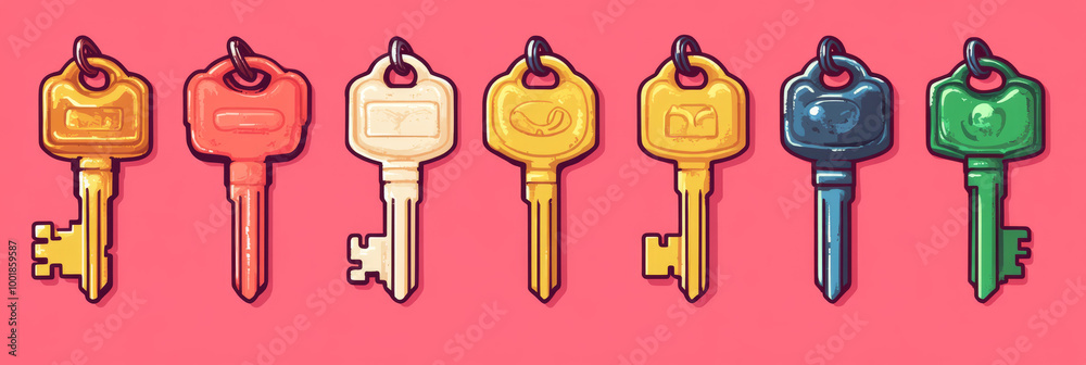 A row of colorful keys with unique designs. A row of colorful keys with unique designs.
