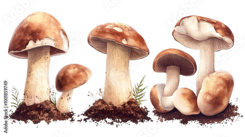 group of mushrooms. Autumnal assortment. Three types of mushrooms: porcini, toadstool, and fly agaric. a variety of colors. Illustration in watercolor.