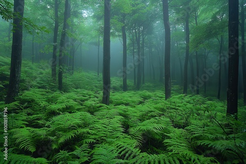 Serene Misty Forest with Lush Green Ferns