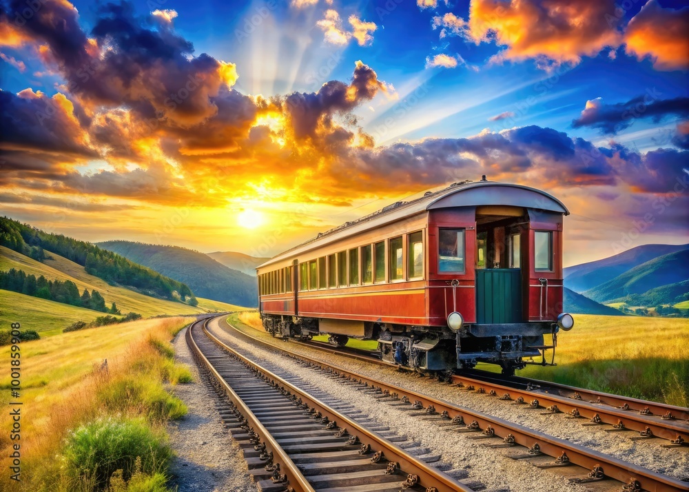 Fototapeta premium Vintage Train Carriage on Railway Tracks Surrounded by Scenic Landscape and Blue Sky Background