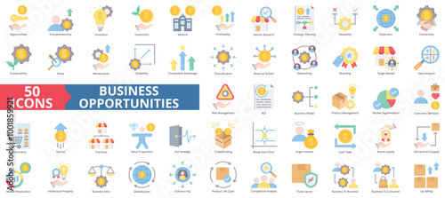 Business opportunities icon collection set. Containing innovation, entrepreneur, investment, market, strategy, networking, collaboration, technology icon. Simple flat color illustration.