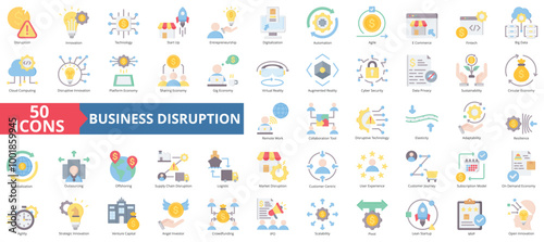 Business disruption icon collection set. Containing innovation, technology, start up, entrepreneurship, digitalization, automation, agile icon. Simple flat color illustration.