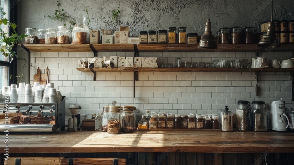Inviting and Cozy Coffee Shop Interior Featuring Rustic Shelves and Beautiful Natural Light Streaming In Inviting and Cozy Coffee Shop Interior Featuring Rustic Shelves and Beautiful Natural Light Streaming In