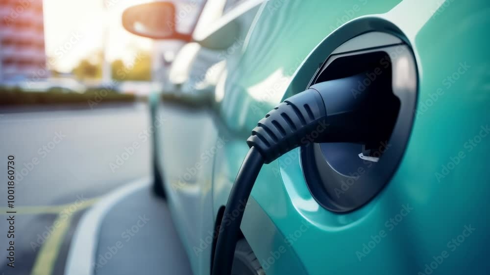Close up of an electric car charging at a public station in the city, promoting sustainable transportation and reducing carbon emissions