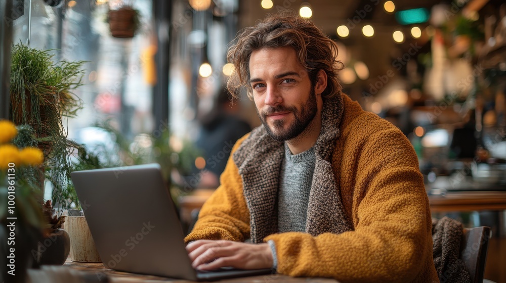 Freelance worker using a laptop in a cozy café environment with a coffee cup Freelance worker using a laptop in a cozy café environment with a coffee cup