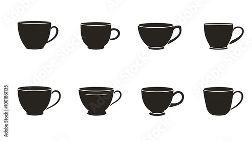 A collection of 16 silhouette black-filled icons representing various cup designs, showcasing a diverse range of styles and shapes. 