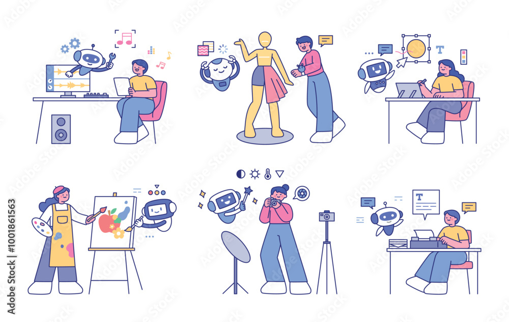 A lifestyle of artistic creation with AI and artists. Cute style illustration with outlines.