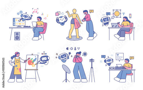A lifestyle of artistic creation with AI and artists. Cute style illustration with outlines.