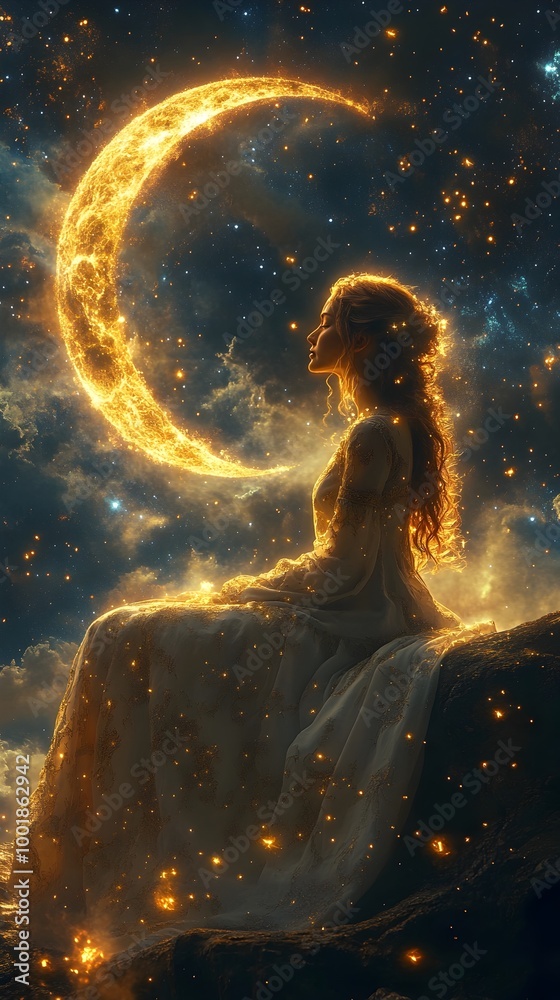 Tranquil Cosmic Goddess Seated on Glowing Crescent Moon Amid Starry Celestial Expanse Tranquil Cosmic Goddess Seated on Glowing Crescent Moon Amid Starry Celestial Expanse