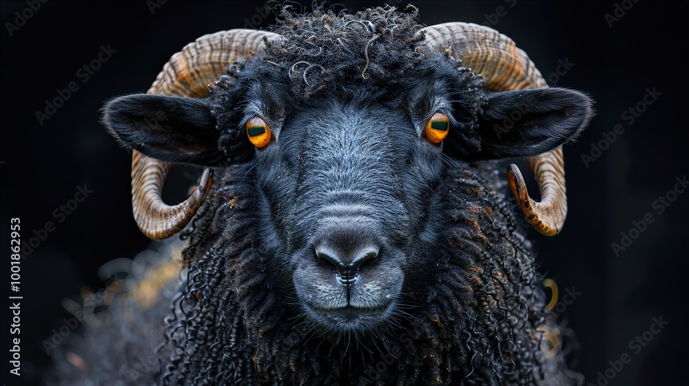 Close-up Portrait of a Black Sheep with Horns Close-up Portrait of a Black Sheep with Horns