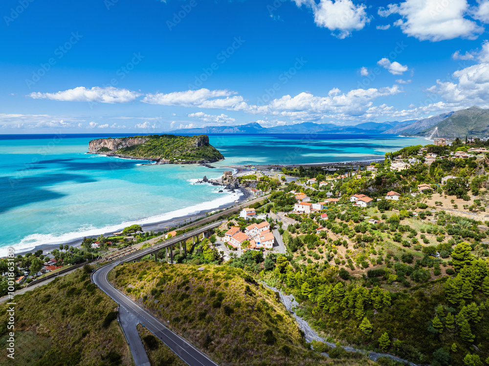 Naklejka premium Praia a Mare from a drone, Tyrrhenian Sea, Cosenza, Calabria, Italy, Europe