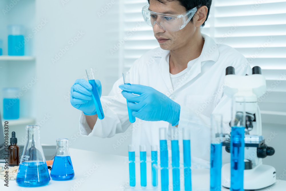 Scientist analyze biochemical sample in advanced scientific laboratory. Medical professional check chemical mix microbiological developmental of viral. Biotechnology research in science lab. cosmetic Scientist analyze biochemical sample in advanced scientific laboratory. Medical professional check chemical mix microbiological developmental of viral. Biotechnology research in science lab. cosmetic
