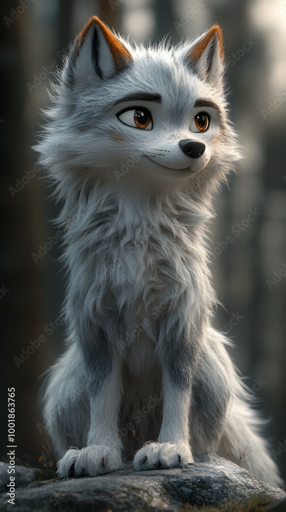 Obraz premium Soft Furred Anthropomorphic Wolf in Plush 3D Style with Curious Expression Against Neutral Background