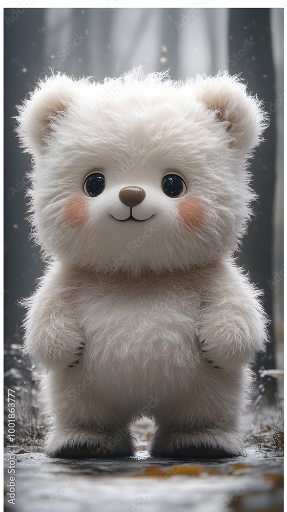 Chubby Anthropomorphic Bear Plush Toy in Shy 3D Cartoon Style with Fluffy Round Fur Patches Chubby Anthropomorphic Bear Plush Toy in Shy 3D Cartoon Style with Fluffy Round Fur Patches