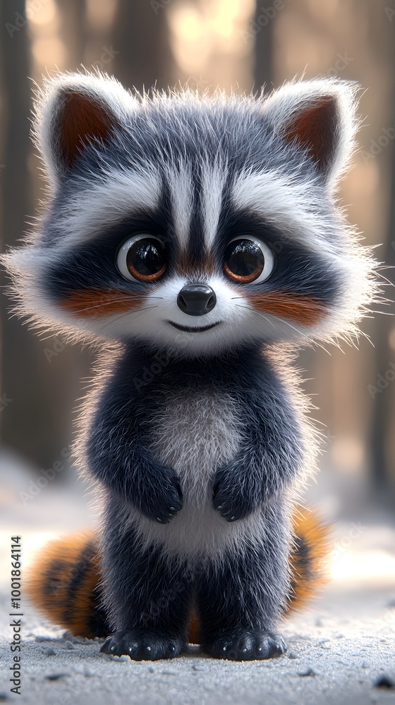 Obraz premium Cute Anthropomorphic Raccoon in Soft Plush 3D Style with Striped Fur and Surprised Expression