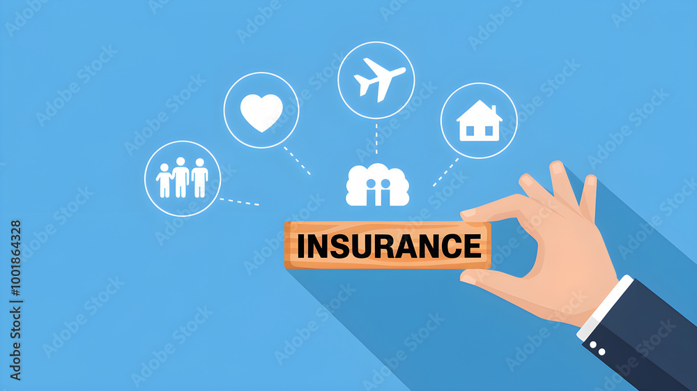 Hand Holding Wooden Block with Insurance Icons on Blue Background Hand Holding Wooden Block with Insurance Icons on Blue Background