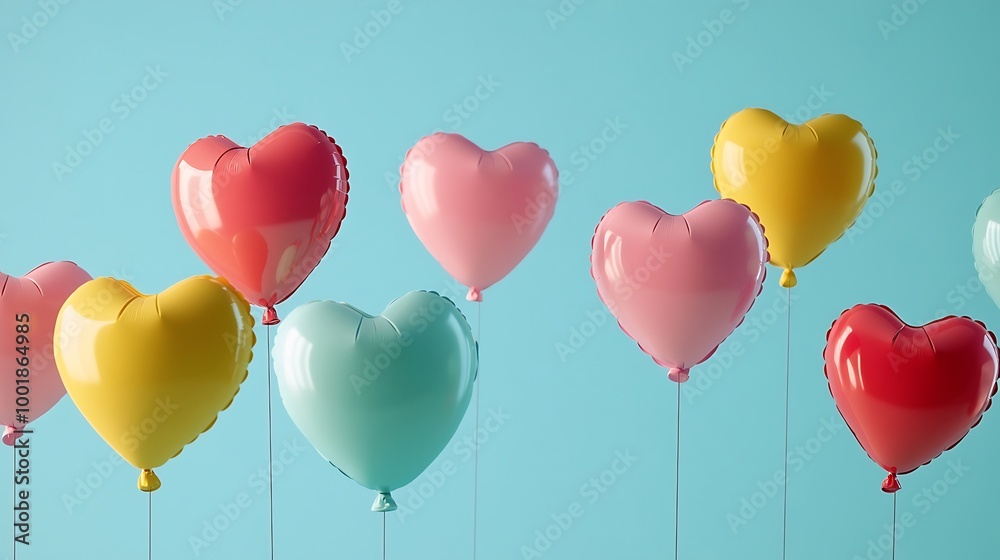 Heart-shaped balloons in a rainbow of colors against soothing pastel backdrop image