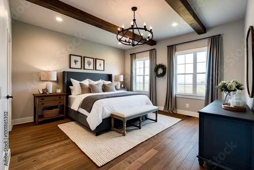 Modern Farmhouse Interior Design of a Cozy Bedroom with Hardwood Floor