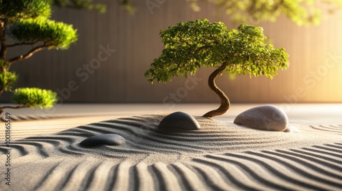 Minimalist Zen Garden with Raked Sand and Stones