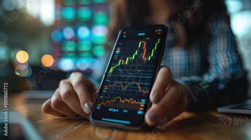 Wallpaper Mural Market Trends: Capture a businesswoman's hands with a smartphone displaying market trends graph, indicating technology in finance. Torontodigital.ca