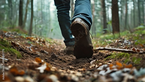 Exploring a serene forest pathway with feet in the soft earth