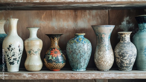 Antique Ceramic Vases Collection Displayed on Shelf