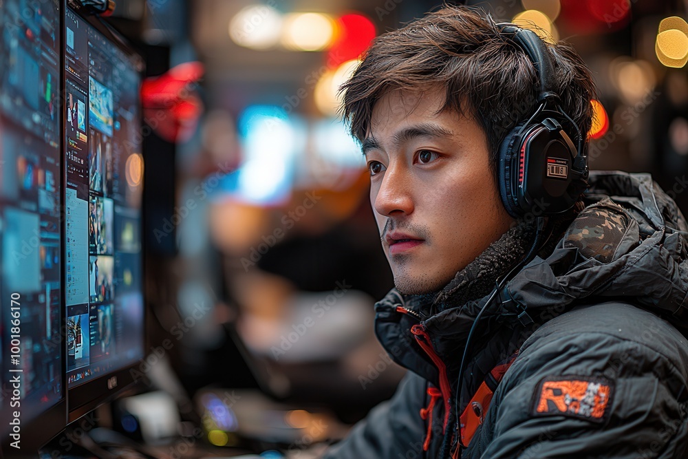 Focused Gamer at Computer with Headphones in Urban Setting Focused Gamer at Computer with Headphones in Urban Setting