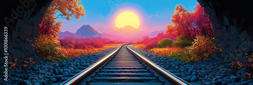 A train track leads out of a tunnel towards a bright sunrise in a beautiful autumn landscape. photo