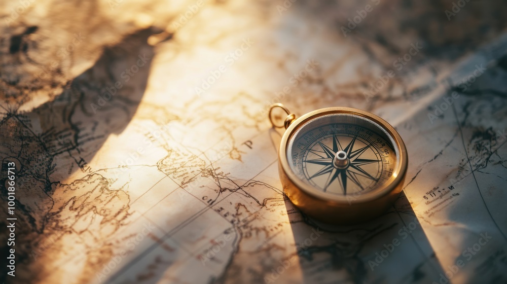 Golden Compass on Soft Map with Glinting Light Golden Compass on Soft Map with Glinting Light