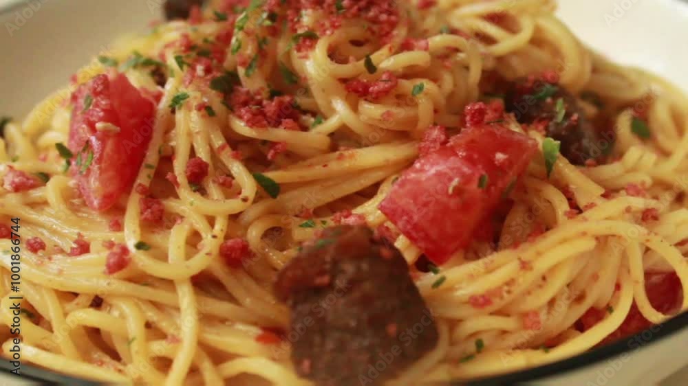 spaghetti pasta dish topped with vegetables and meat spaghetti pasta dish topped with vegetables and meat