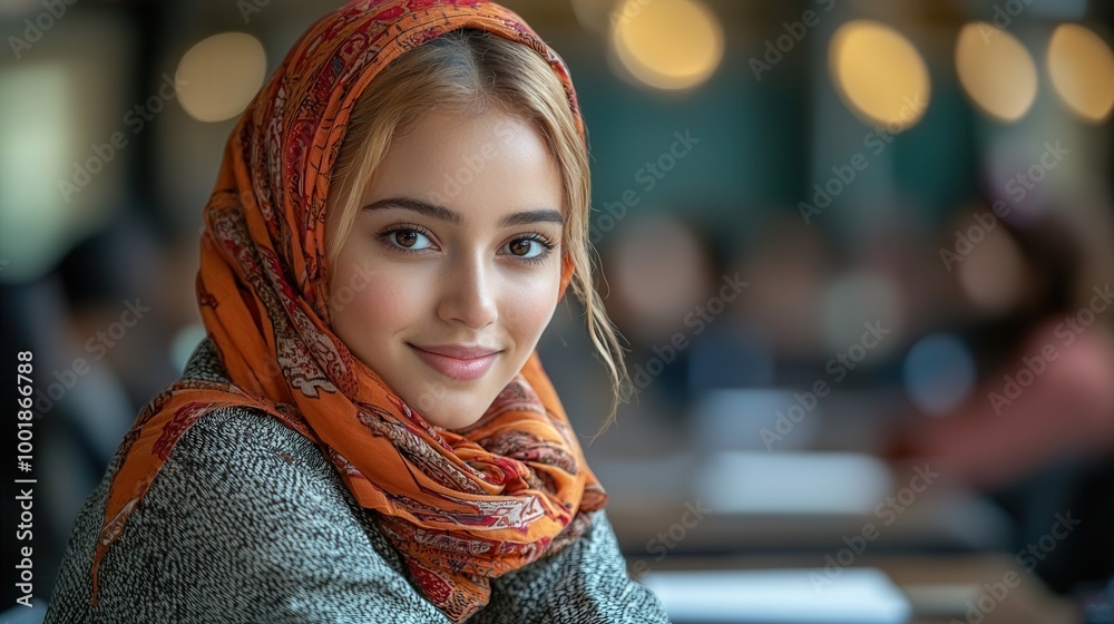 Young woman wearing scarf in a cozy cafe setting Young woman wearing scarf in a cozy cafe setting