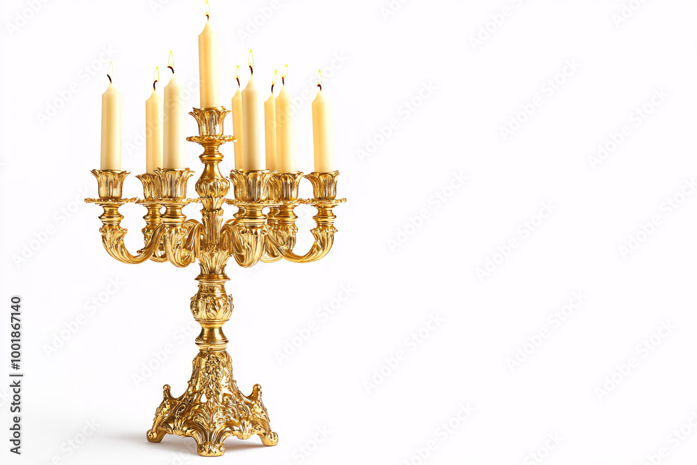 golden candelabra with burning candles on white background - luxurious home decor, elegant candle holder, vintage style, white background, gold, romance, ceremony, wedding, celebr golden candelabra with burning candles on white background - luxurious home decor, elegant candle holder, vintage style, white background, gold, romance, ceremony, wedding, celebr