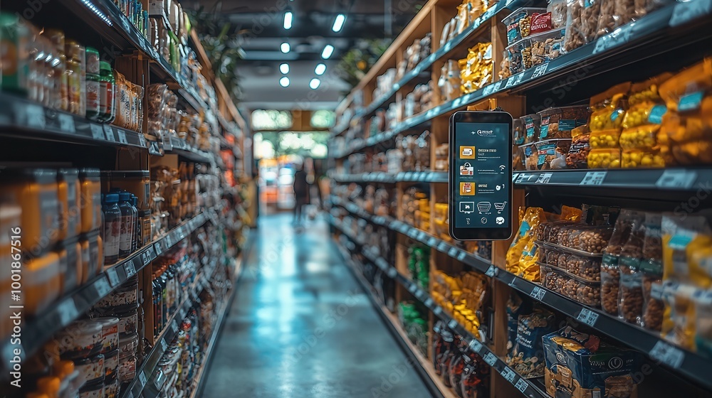 Modern Grocery Store Aisle with Smartphone Display Modern Grocery Store Aisle with Smartphone Display